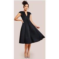 Goddiva Women's Cap Sleeve Plunging V Neckline A-line Midi Dress in Black | Size: 10