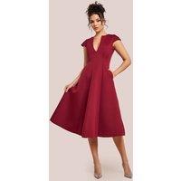 Goddiva Women's Cap Sleeve Plunging V Neckline A-line Midi Dress in Wine | Size: 10