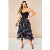 Sarta Women's Floral Layered Tulle Frilled Maxi Skirt in Black | Size: Large