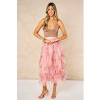 Sarta Women's Floral Layered Tulle Frilled Maxi Skirt in Peach | Size: Small