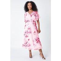 Roman Women's Petite Floral Cape Chiffon Midi Dress in Light Pink | Size: 8