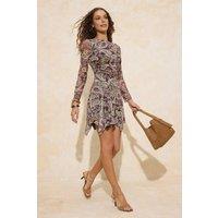WOVCOR Women's Paisley Print Ruched Mesh Long Sleeve Mini Dress | Size: XL