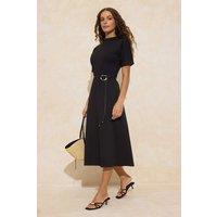 WOVCOR Women's D-Ring Belt Crew Neck Short Sleeve A-Line Midi Dress in Black | Size: XS