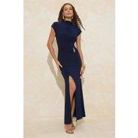 WOVCOR Women's Ruched Hardware Detail High Neck Thigh Split Maxi Dress in Navy | Size: 8