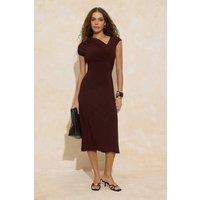 WOVCOR Women's Ruched Asymmetric Neck Cap Sleeve Stretch Midi Dress in Brown | Size: XS
