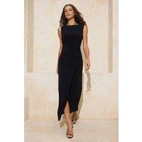 WOVCOR Women's Ruched Wrap Front Sleeveless Stretch Knit Midi Dress in Black | Size: Large