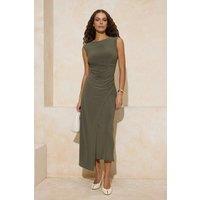 WOVCOR Women's Ruched Wrap Front Sleeveless Stretch Knit Midi Dress in Khaki | Size: Large