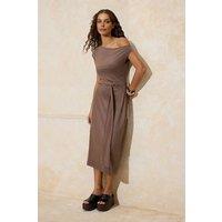 WOVCOR Women's Belted Asymmetric Neck Cap Sleeve Suede A-Line Midi Dress in Taupe | Size: XS