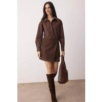 WOVCOR Women's Tweed Wrap Skirt Collared Long Sleeve Woven Mini Shirt Dress in Brown | Size: 6