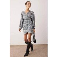 WOVCOR Women's Check Woven Wrap Long Sleeve Mini Dress | Size: 14