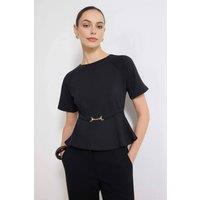 WOVCOR Women's Horsebit Belt Peplum Top with Raglan Sleeve in Black | Size: Large
