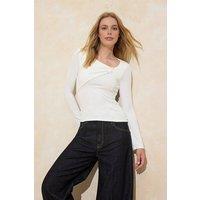 WOVCOR Women's Pearl Detail Twist Asymmetric Long Sleeve Top in Ecru | Size: Large