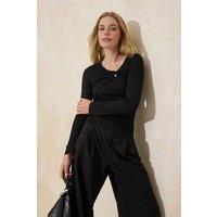 WOVCOR Women's Pearl Detail Twist Asymmetric Long Sleeve Top in Black | Size: Large