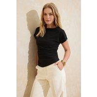 WOVCOR Women's Ruched Waist Boat Neck Cap Sleeve Top in Black | Size: XS
