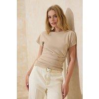 WOVCOR Women's Ruched Waist Boat Neck Cap Sleeve Top in Stone | Size: XS