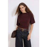 WOVCOR Women's Draped Batwing Sleeve Ruched Cropped Top in Brown | Size: Small