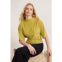WOVCOR Women's Draped Batwing Sleeve Ruched Cropped Top in Dark Olive | Size: Small