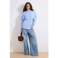 WOVCOR Women's Cape Overlay Button Front Long Sleeve Cotton Poplin Shirt in Blue | Size: 14