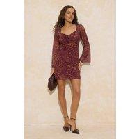 WOVCOR Women's Paisley Print Bell Sleeve Sweetheart Neck Mesh Mini Dress | Size: XS