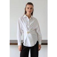 WOVCOR Women's Gold Hardware Ruched Collared Long Sleeve Poplin Shirt in White | Size: 8
