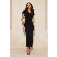 WOVCOR Women's Cowl Neck Ruched Hardware Detail Stretch Knit Maxi Dress in Black | Size: XS