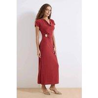 WOVCOR Women's Cowl Neck Ruched Hardware Detail Stretch Knit Maxi Dress in Terracotta | Size: Small