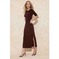 WOVCOR Women's Twist Front Short Sleeve Stretch Knit Column Maxi Dress in Brown | Size: Small