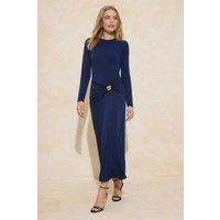 WOVCOR Women's Ruched Hardware Detail Long Sleeve Knit Maxi Dress in Navy | Size: Small