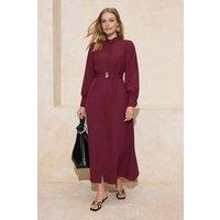 WOVCOR Women's Belted Button Front Long Sleeve Cotton Maxi Shirt Dress in Burgundy | Size: 8