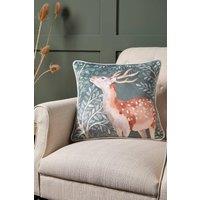 Dreams & Drapes 'Forest Animals' Deer Print Velvet Filled Cushion in Green | Size: 43 cm x 43 cm