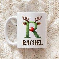 60 SECOND MAKEOVER Personalised Christmas Initial Mug Green Reindeer Font in White