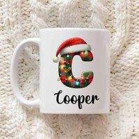 60 SECOND MAKEOVER Personalised Christmas Initial Mug Tartan Lights Font in White
