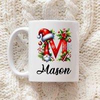 60 SECOND MAKEOVER Personalised Christmas Initial Mug Red Gnome Gonk Font in White