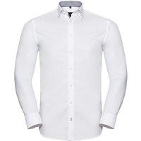 Russell Collection Men's Long Sleeve Contrast Herringbone Shirt in White | Size: 16.5 in