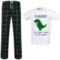 60 SECOND MAKEOVER Men's Teen Dinosaur Tartan Pyjama Set in Green | Size: Small