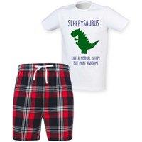 60 SECOND MAKEOVER Men's Sleepy Dinosaur Tartan Pyjama Set in Red | Size: XS