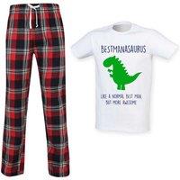 60 SECOND MAKEOVER Men's Bestmanasaurus Best Man Dinosaur Tartan Pyjama Set in Red | Size: Medium