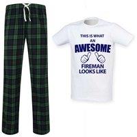 60 SECOND MAKEOVER Men's This Is What An Awesome Fireman Looks Like Tartan Pyjama Set in Green | Size: Large