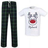 60 SECOND MAKEOVER Men's Personalised Rudolph Tartan Trouser Pyjamas Set in Green | Size: 2XL