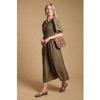 Oasis Women's Shirred Bodice Puff Sleeve Midi Dress in Khaki | Size: 8