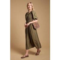 Oasis Women's Shirred Bodice Puff Sleeve Midi Dress in Khaki | Size: 14