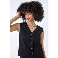 Roman Women's Linen Blend Button Through Waistcoat in Black | Size: 18