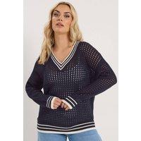 Yours Women's Crochet Contrast Trim Jumper in Dark Navy | Size: 26-28