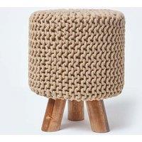 Homescapes Tall Cotton Knitted Footstool on Legs in Beige