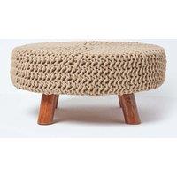 Homescapes Large Round Cotton Knitted Footstool on Legs in Beige