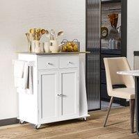 HOMCOM Kitchen Island Storage Cabinet Rolling Trolley Rubber Wood Top in White