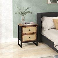 HOMCOM Bedside Table with 2 Rattan Drawers & Steel Legs, Rustic Brown in White