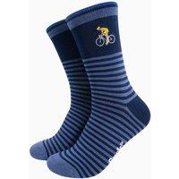 Sock Talk Men's Embroidered Cyclist Striped Combed Cotton Socks in Blue in Navy | Size: 7-11
