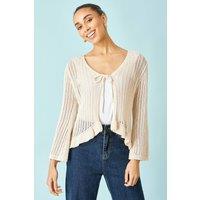 Yumi Women's Beige Tie Front Pointelle Cardigan | Size: Large