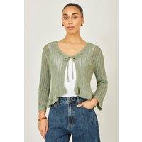 Yumi Women's Green Tie Front Pointelle Cardigan | Size: Large